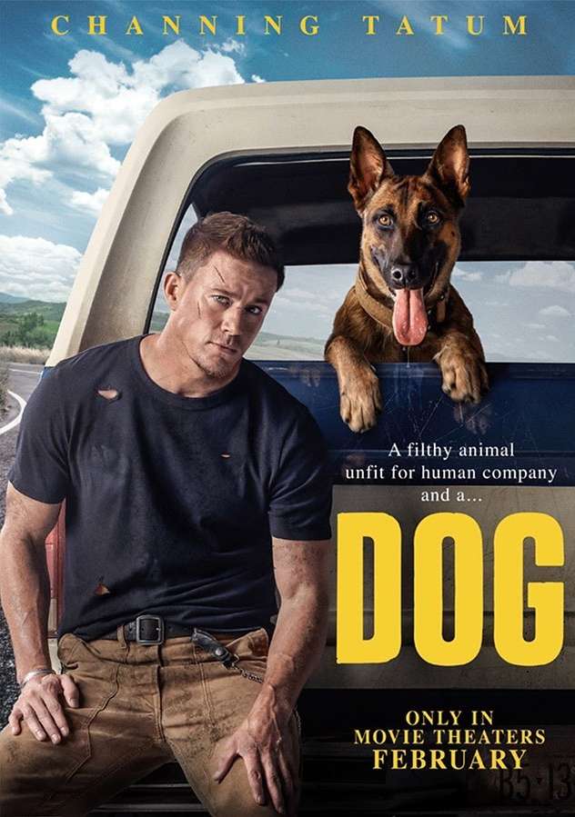 Movie poster featuring Channing Tatum and a Belgian Malinois dog in a pickup truck, set against a rural backdrop with blue sky and mountains.
