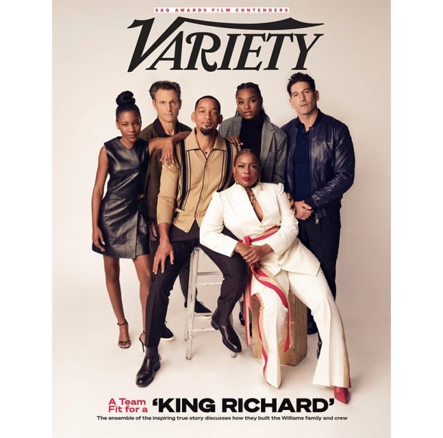 Variety magazine cover featuring the cast of 'King Richard' movie. Six people are posing in a photo studio against a plain backdrop.