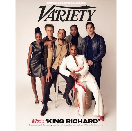 Variety magazine cover featuring the cast of 'King Richard' movie. Six people are posing in a photo studio against a plain backdrop.