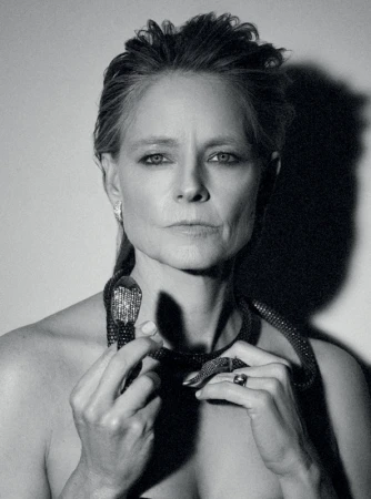 Black and white portrait of Jodie Foster holding a bejeweled snake necklace by Brian Bowen Smith