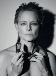 Black and white portrait of Jodie Foster holding a bejeweled snake necklace by Brian Bowen Smith