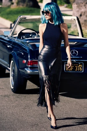 A woman with blue hair walks towards the camera in a black leather fringe skirt and a black top next to a classic convertible.