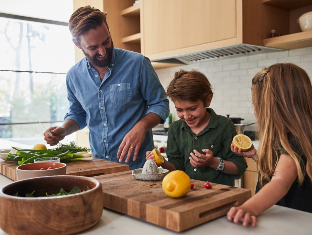 A father and two children are in a bright kitchen preparing food, with a wooden cutting board and lemons visible on the counter.