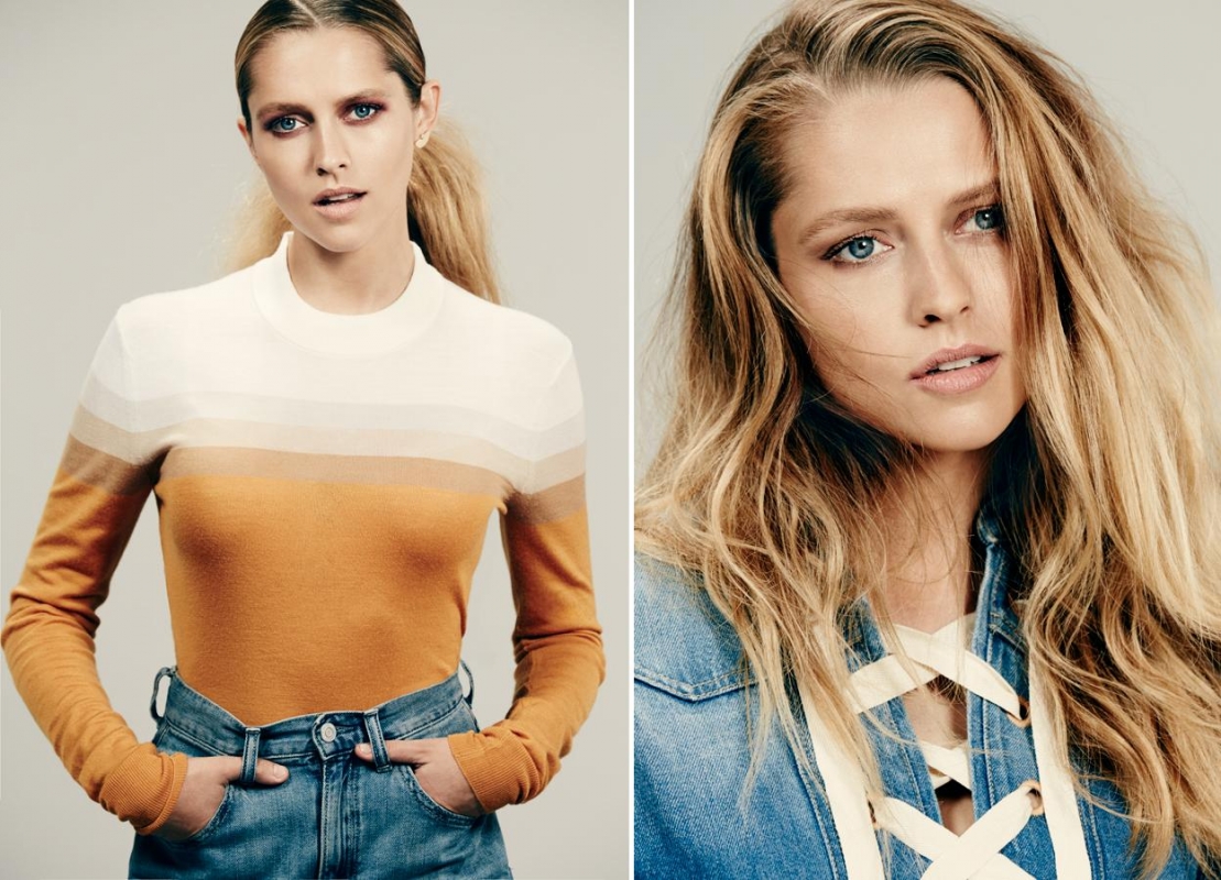 Blonde woman in split-screen portrait. Left: long-sleeved sweater, blue jeans. Right: denim jacket, wavy hair framing her face.