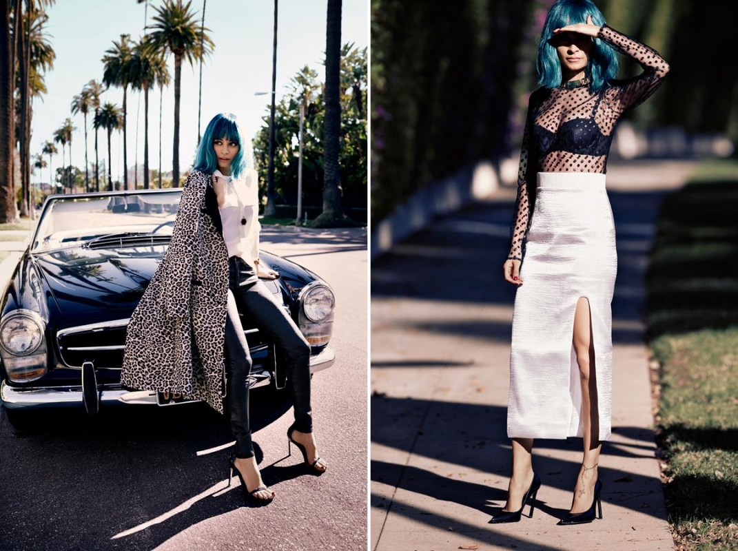 Two scenes show a woman with teal hair; one near a car and palm trees, the other on a tree-lined street. Fashion editorial.