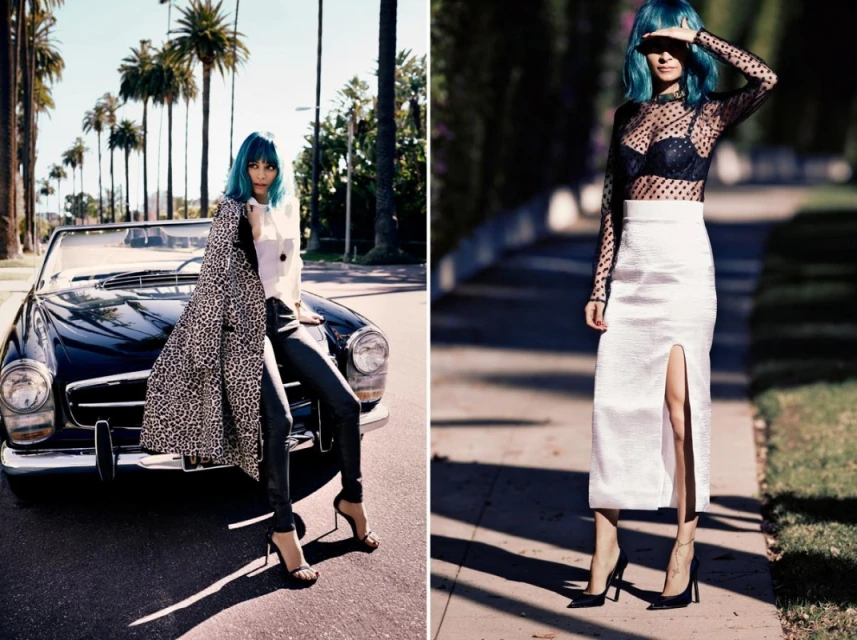 Two scenes show a woman with teal hair; one near a car and palm trees, the other on a tree-lined street. Fashion editorial.
