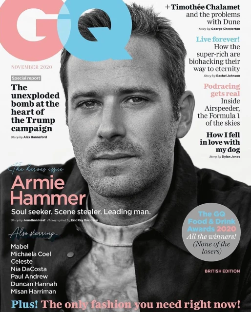 Black-and-white magazine cover features Armie Hammer in a medium close-up, wearing a dark coat, with the GQ logo and cover text.