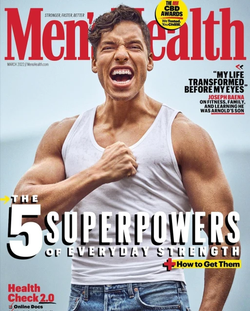 Men's Health magazine cover featuring Joseph Baena with clenched fist, wearing a white tank top and jeans, with the title 'The 5 Superpowers'.