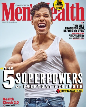 Men's Health magazine cover featuring Joseph Baena with clenched fist, wearing a white tank top and jeans, with the title 'The 5 Superpowers'.