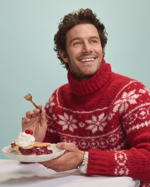Smiling man in red patterned sweater holds a plate of cherry pie topped with whipped cream and a cherry; light blue background.