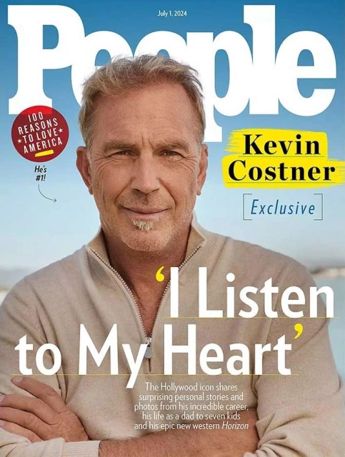 Kevin Costner featured on the cover of People Magazine, July 1, 2024, smiling in front of a beach and sky background.