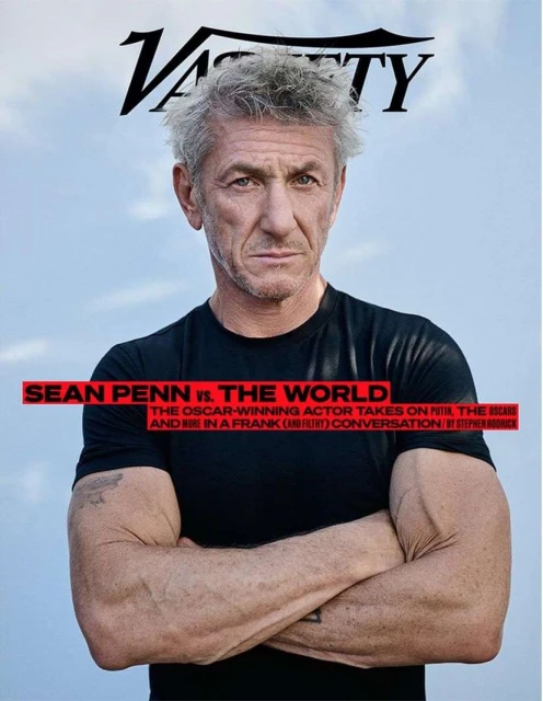 Variety magazine cover featuring Sean Penn, actor, with arms crossed, wearing a black shirt, against a soft blue sky background.