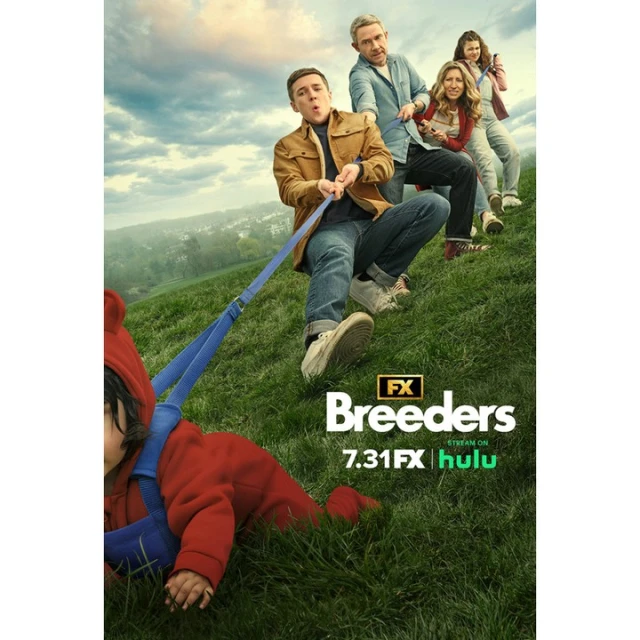 Promotional poster for Breeders, featuring five people of various ages pulling a baby in a harness, on a grassy hill against a cloudy sky.