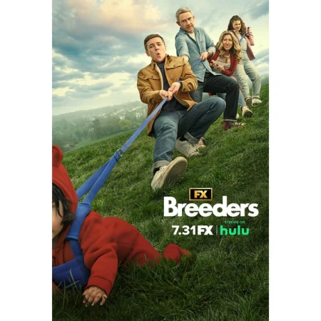 Promotional poster for Breeders, featuring five people of various ages pulling a baby in a harness, on a grassy hill against a cloudy sky.