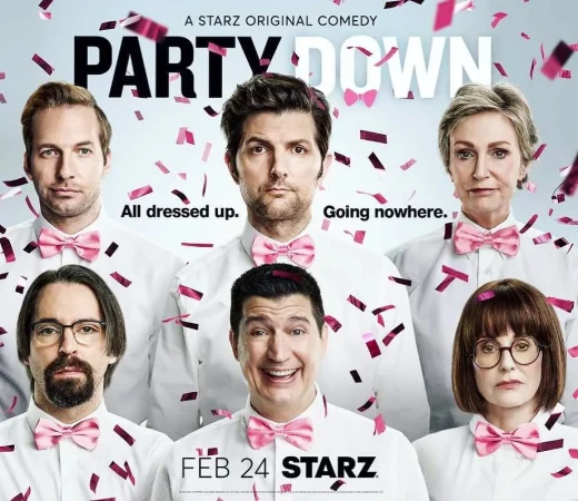 Promotional image for the Starz comedy series Party Down featuring six cast members in pink bow ties and white shirts against a confetti background.