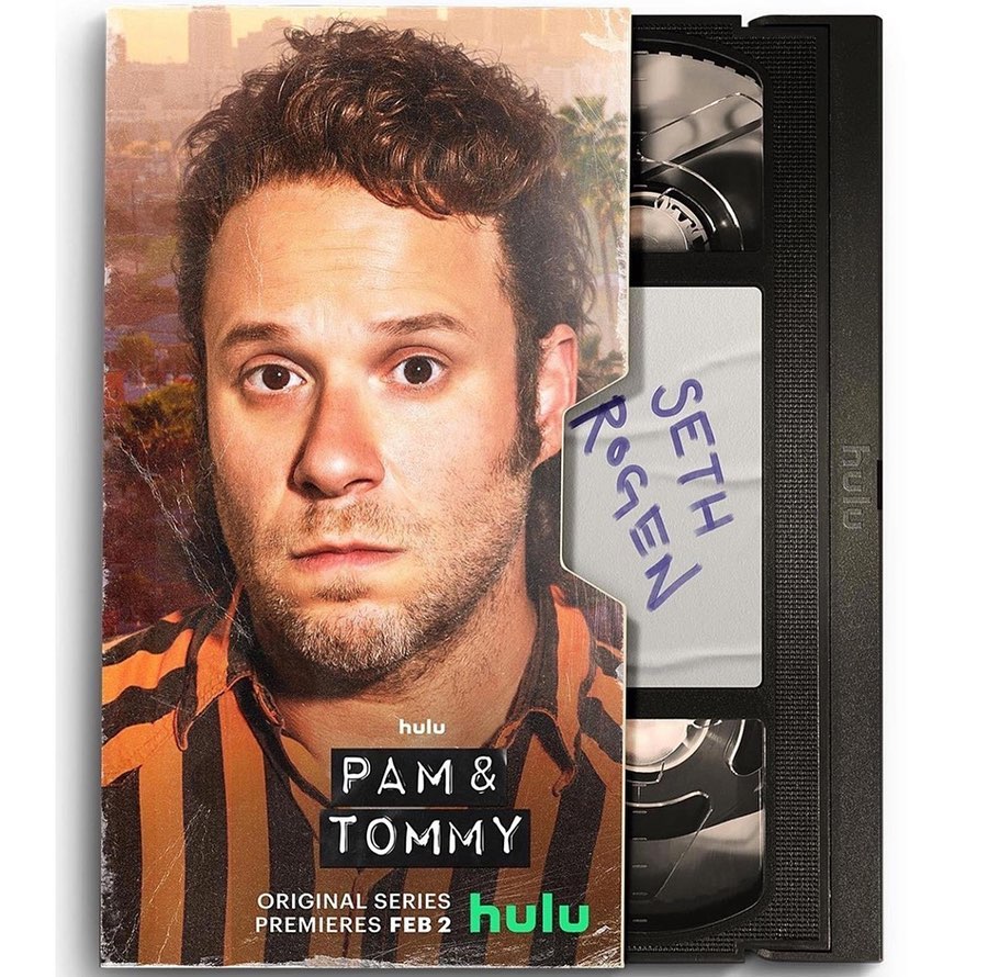 Poster for Hulu's Pam & Tommy featuring Seth Rogen with Seth Rogen handwritten on a VHS tape also for Hulu. 