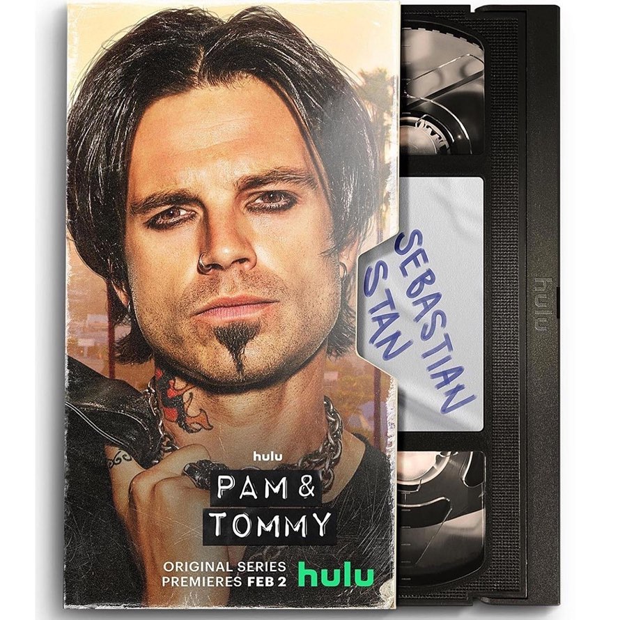 Poster or VHS tape for Pam & Tommy series featuring Sebastian Stan, with dark hair and eye makeup, wearing a chain necklace.