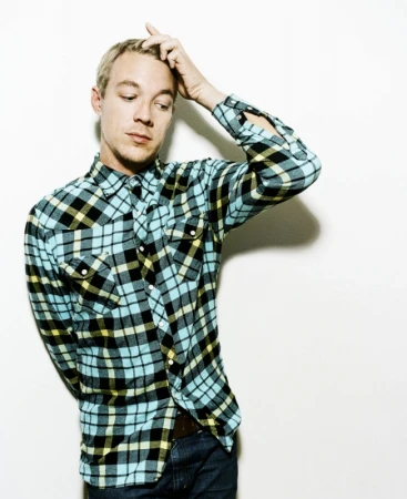 Diplo wearing a blue and black plaid shirt with his hand on his head against a white background