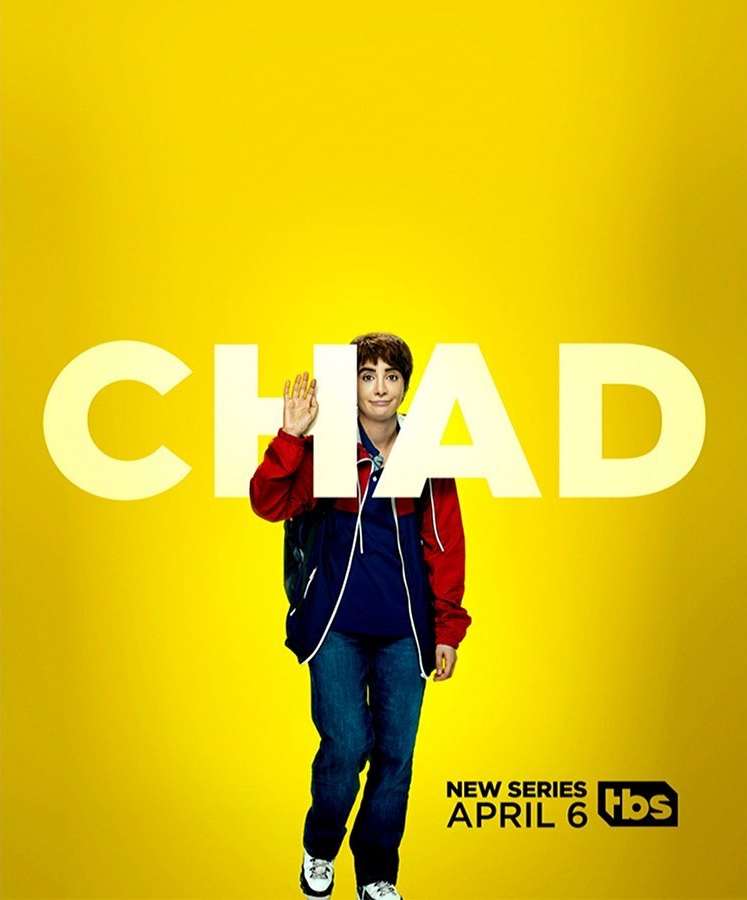 Promotional poster for TBS comedy series 'Chad' featuring the show's star in casual attire against a bright yellow backdrop.