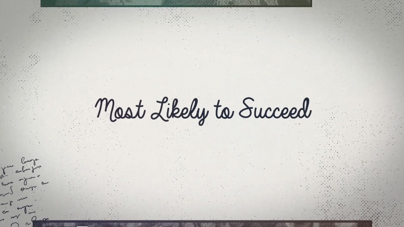 White backdrop with stylized script 'Most Likely to Succeed' title, minimal design with mottled texture and distressed border.