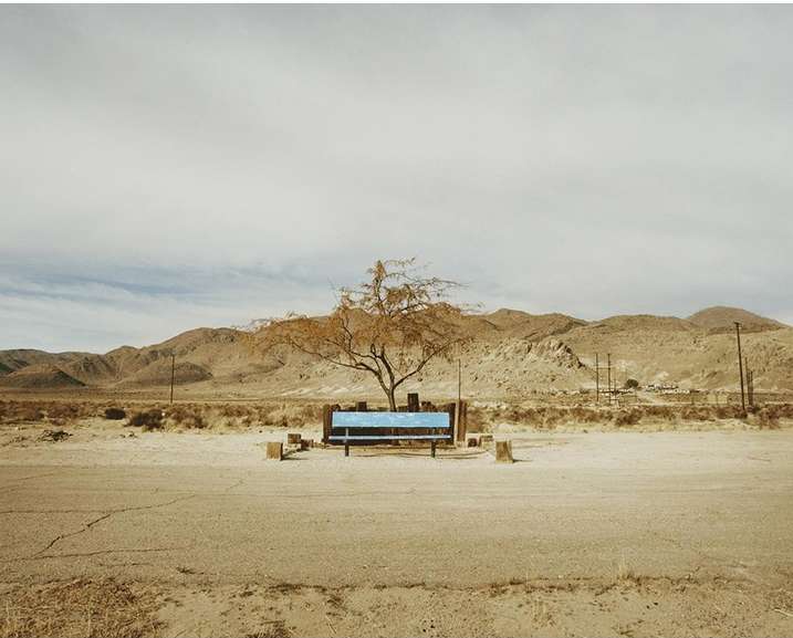 Scenic desert landscape featuring a blue bench under a tree, set against a backdrop of rolling hills and a cloudy sky in a neutral palette.