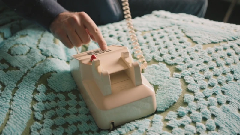 Person dials a vintage ivory rotary phone resting on a tufted aqua bedspread, featuring a finger poised to push a button.
