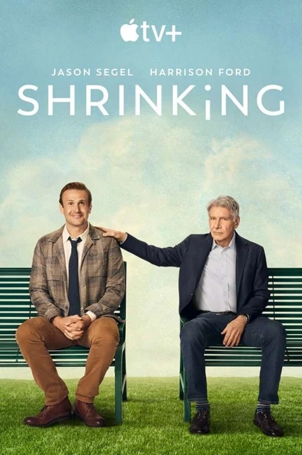 Movie poster features Jason Segel and Harrison Ford sitting on a bench in front of light-blue background and green grass in medium shot.