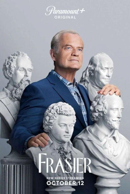 Kelsey Grammer poses with classical sculpture busts for 'Frasier' revival on Paramount+, airing in October. Medium shot, eye-level.