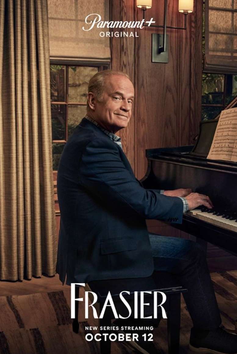 Kelsey Grammer playing piano in Paramount+ Frasier series promotional image, set indoors with window and musical notes. 