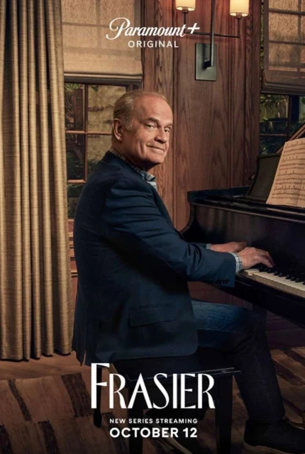 Kelsey Grammer playing piano in Paramount+ Frasier series promotional image, set indoors with window and musical notes. 