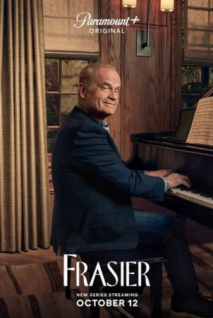 Kelsey Grammer playing piano in Paramount+ Frasier series promotional image, set indoors with window and musical notes. 