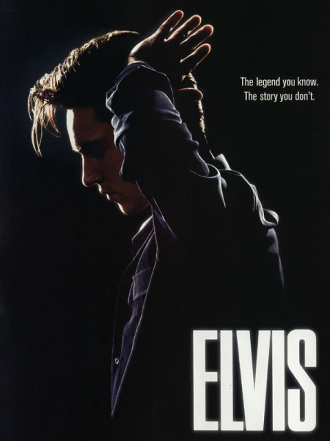 Movie poster featuring a profile of a man with slicked-back hair in a dark coat, dramatically lit against a dark background, and the word ELVIS.