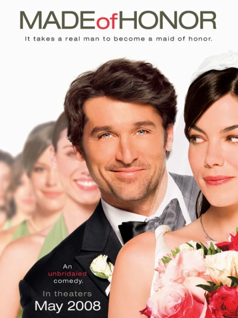 Movie poster featuring the 'Made of Honor' film with Patrick Dempsey and the cast of bridesmaids, set against a bright background.