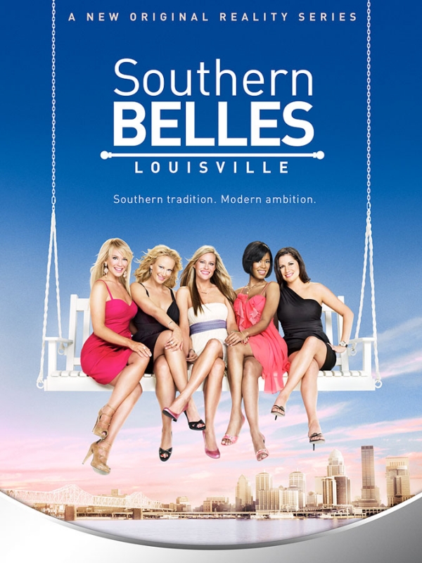 Promotional image for 'Southern Belles: Louisville' featuring five women on a swing against a skyline. Dresses and heels. 