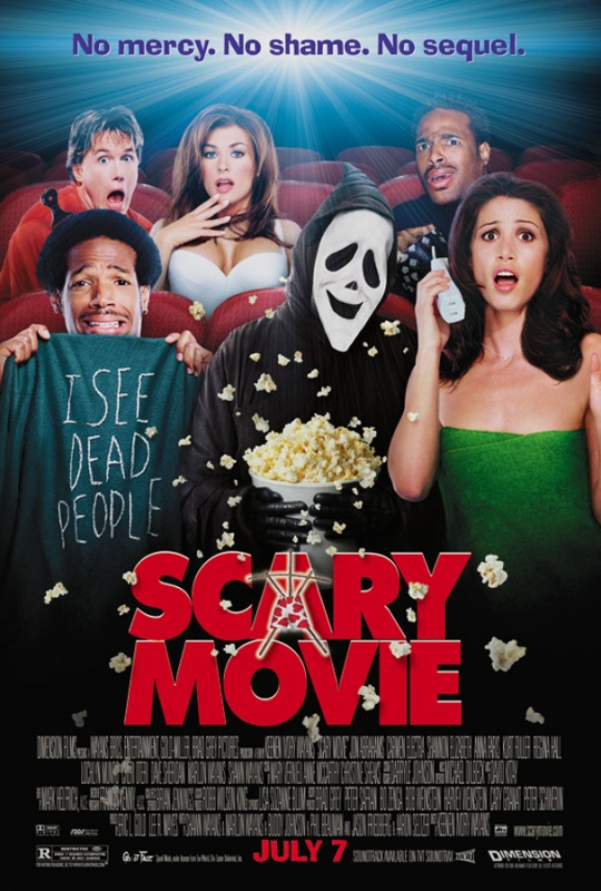 Scary Movie poster with six people in a movie theater, one dressed as Ghostface holding popcorn, with the title Scary Movie below.