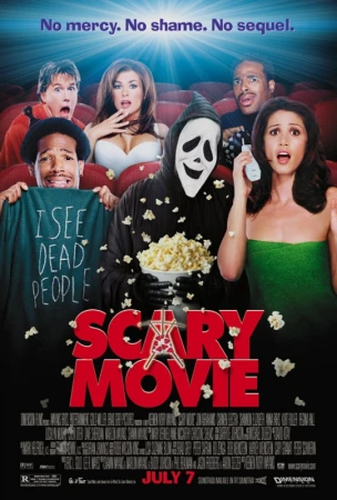 Scary Movie poster with six people in a movie theater, one dressed as Ghostface holding popcorn, with the title Scary Movie below.