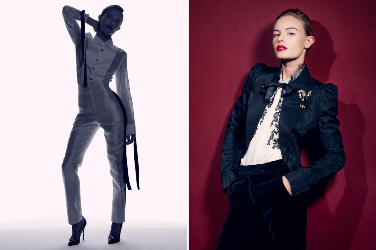 Two adult women pose in split-screen fashion editorial. Left: a woman in white suit against a white background. Right: a woman in black suit against a red background.