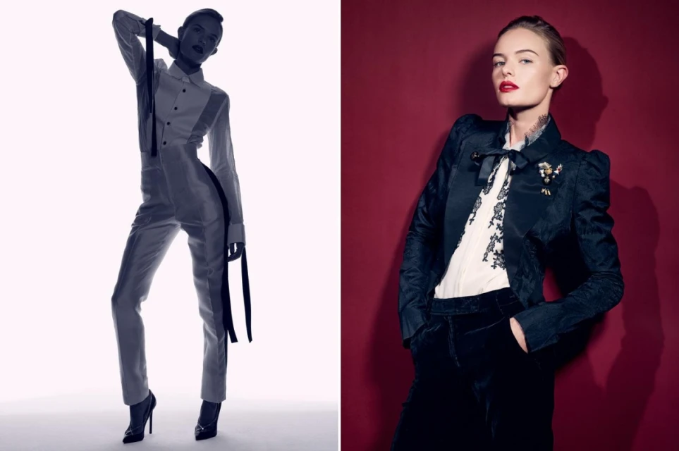 Two adult women pose in split-screen fashion editorial. Left: a woman in white suit against a white background. Right: a woman in black suit against a red background.