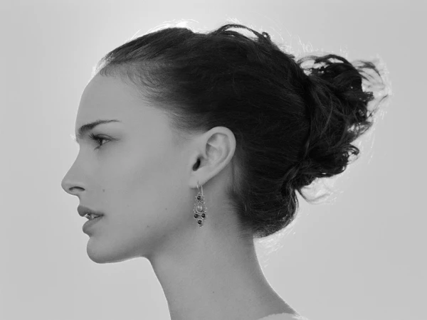 Profile portrait of a woman wearing an ornate dangling earring with her dark hair styled in an updo against a light background.