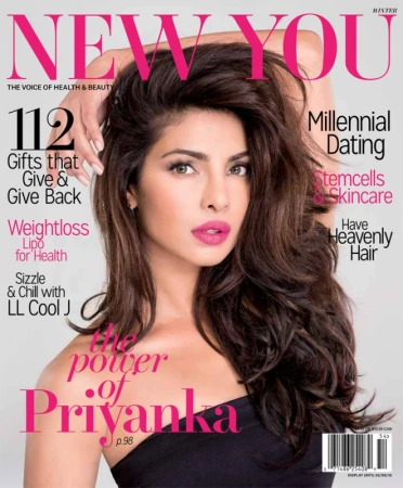 Magazine cover featuring Priyanka Chopra with articles on health, beauty, millennial dating, and stem cell skincare.