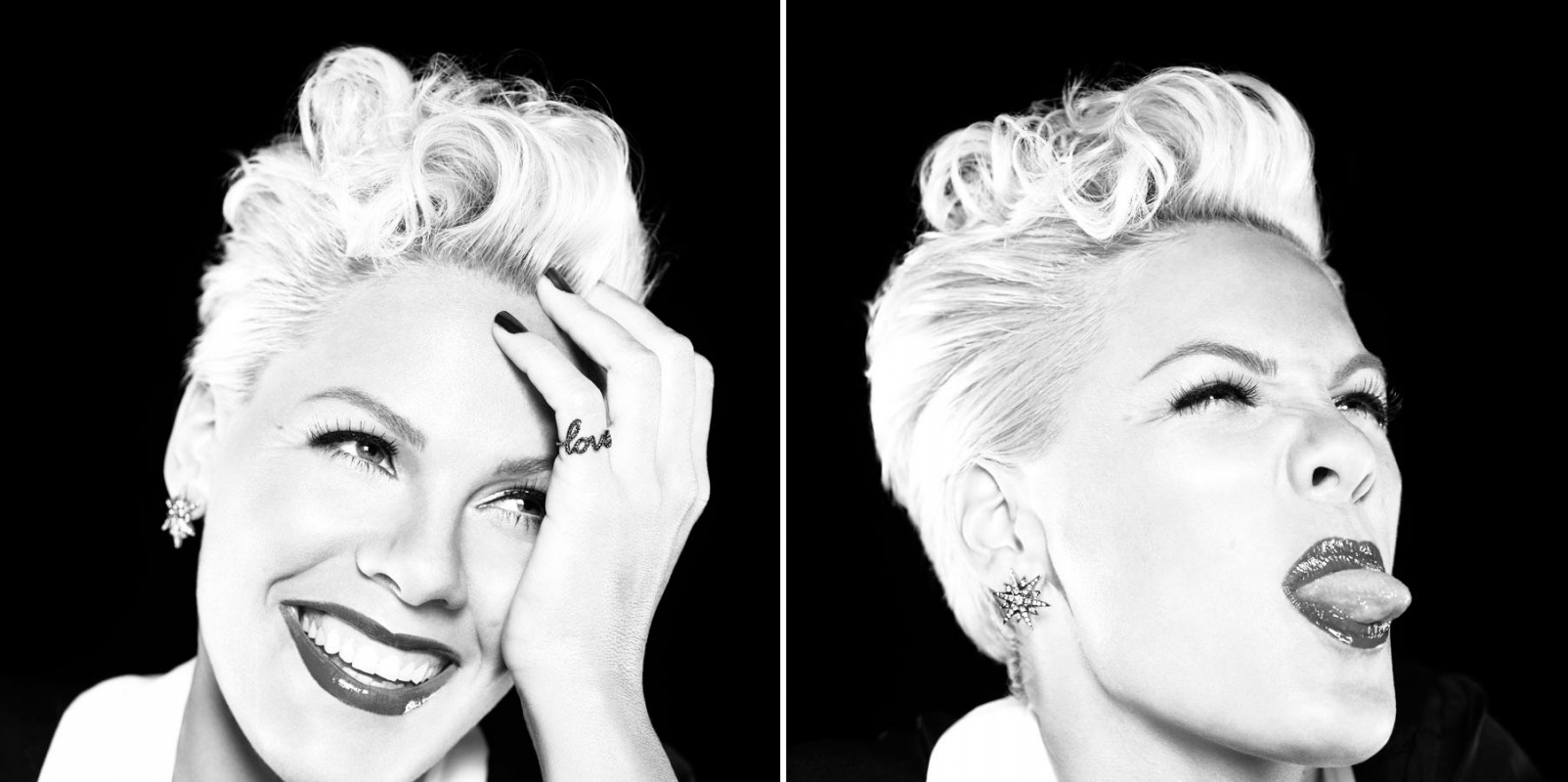 Close-up diptych of artist Pink with short platinum hair and a ring spelling love, smiling and sticking out her tongue against a black background.