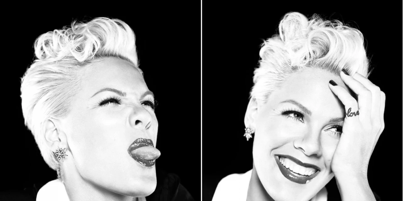 Black and white diptych portrait of pop singer Pink with short blonde hair, wearing a ring that spells out love, smiling and sticking tongue out.