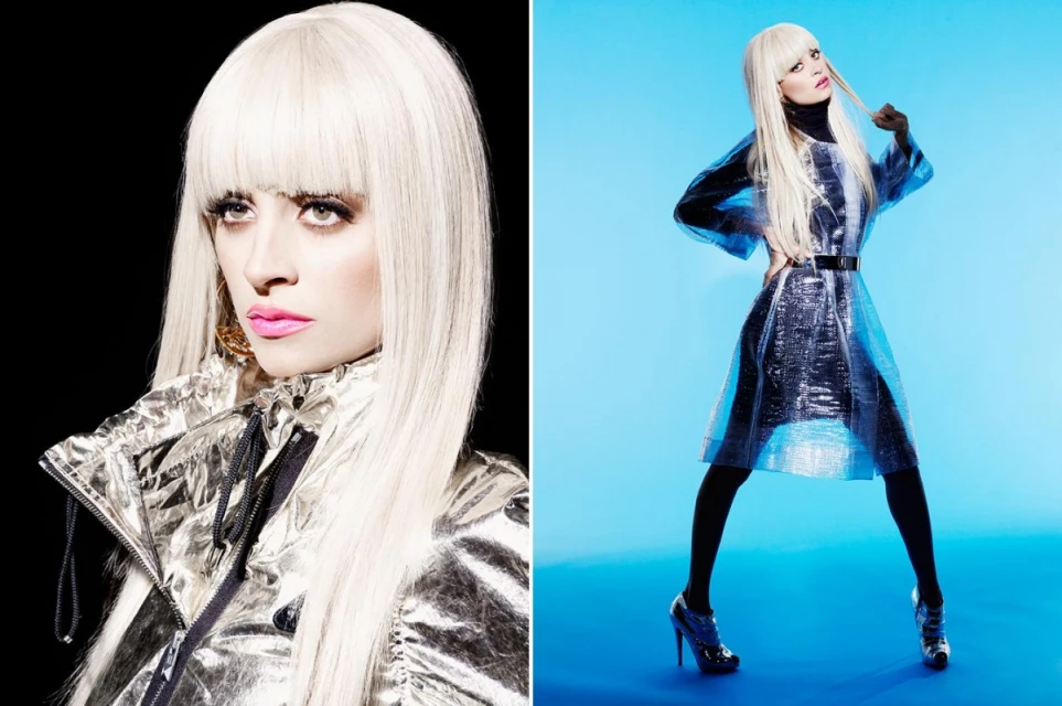 Fashion shot of a blonde woman in a transparent dress with black leggings and heels, against a blue background, and a closeup studio portrait.