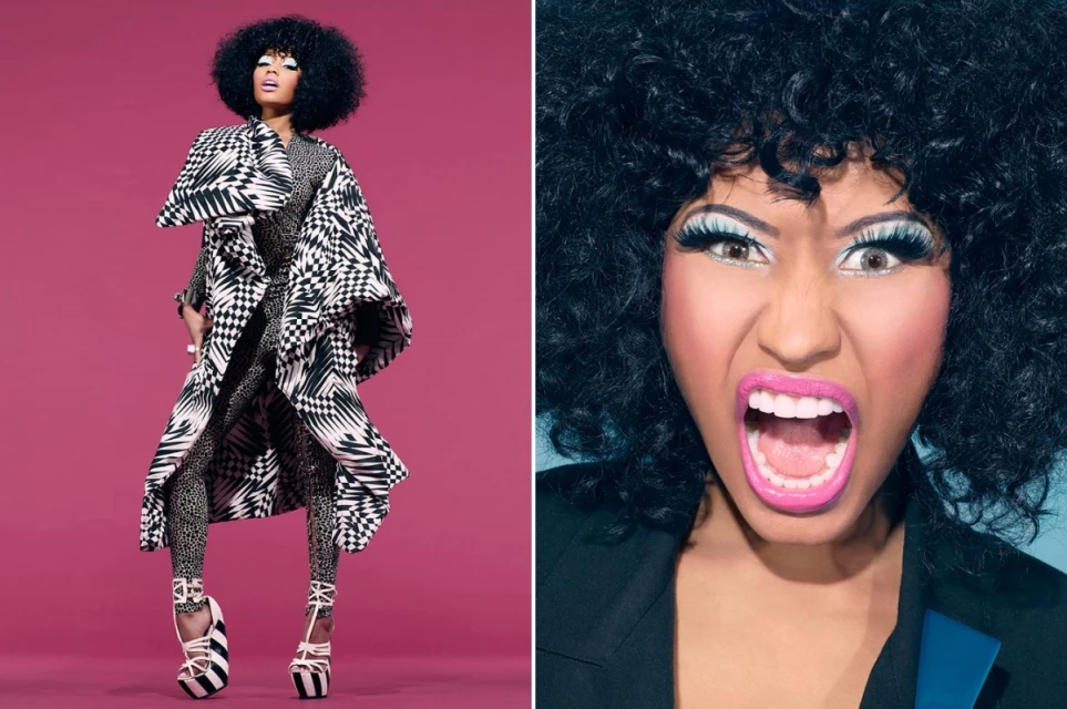 Fashionable woman in patterned coat and platform heels strikes a pose on a pink background, split-screen with face close-up.