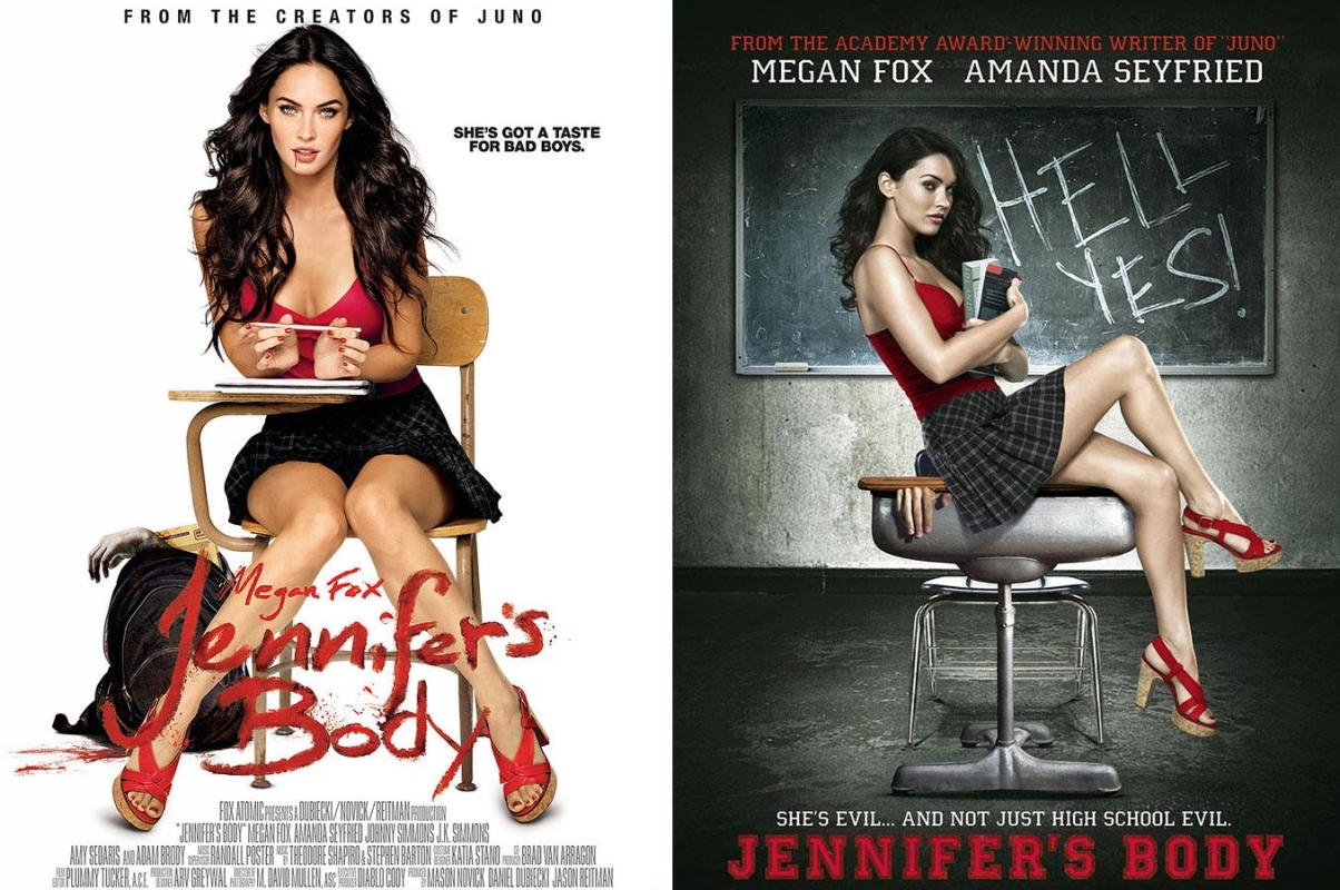 Movie poster for Jennifer's Body featuring Megan Fox sitting on a desk and chair with a red top and a plaid skirt.