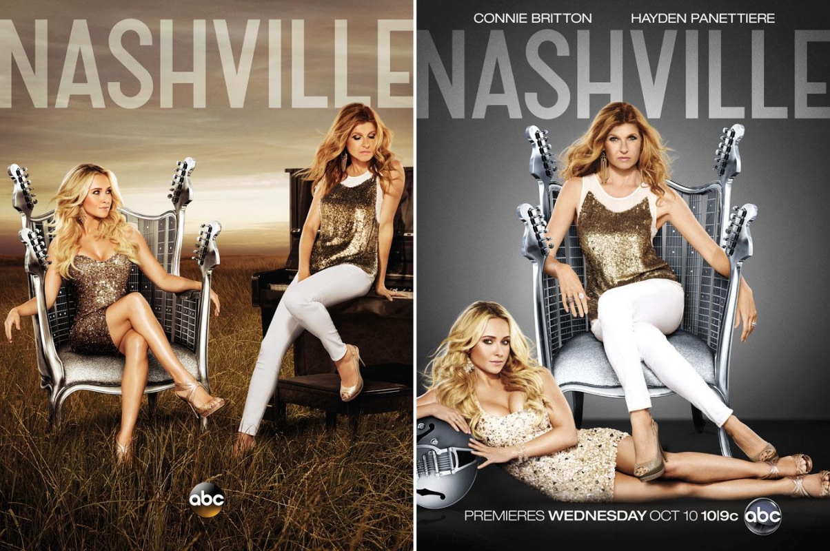 Nashville TV show poster featuring two women in dresses sitting in guitar-embellished chairs; one in a field and the other on gray.