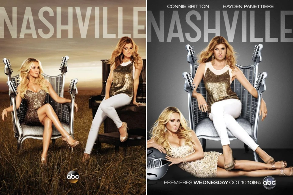 Nashville TV show poster featuring two women in dresses sitting in guitar-embellished chairs; one in a field and the other on gray.
