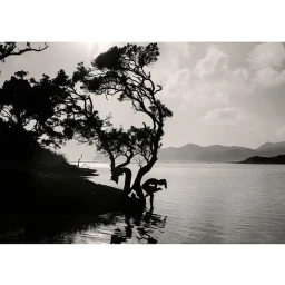 Silhouette of a person bending by a twisted tree near a calm body of water under a bright sky
