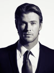 Portrait of Chris Hemsworth in a dark suit and tie against a white background, photographed by Andrew Macpherson.