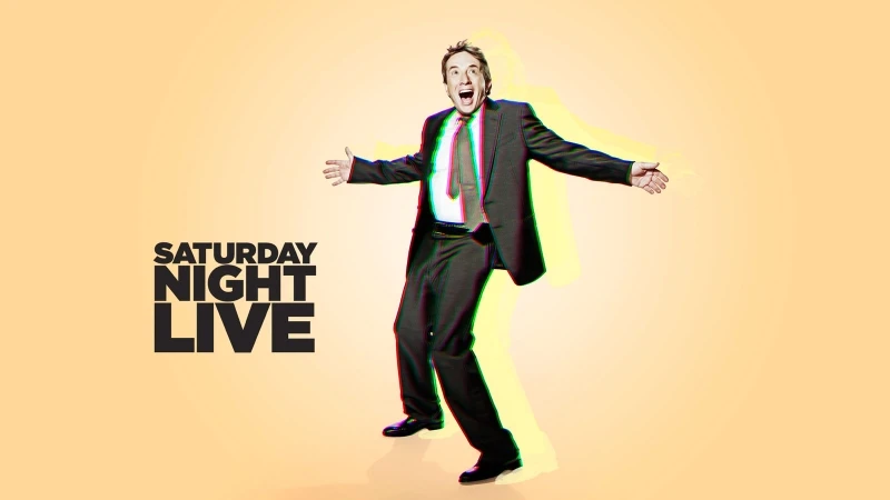 Martin Short with arms outstretched wearing a dark suit against a warm gradient background with chromatic aberration effects